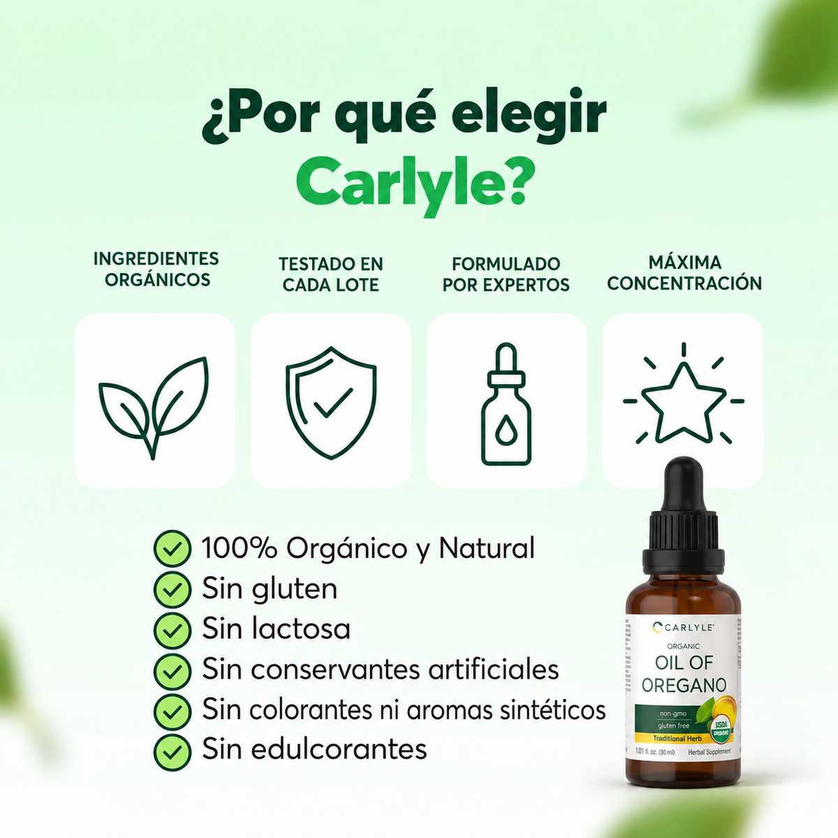 Aceite De Orégano Orgánico, 70% Carvacrol Y Timol